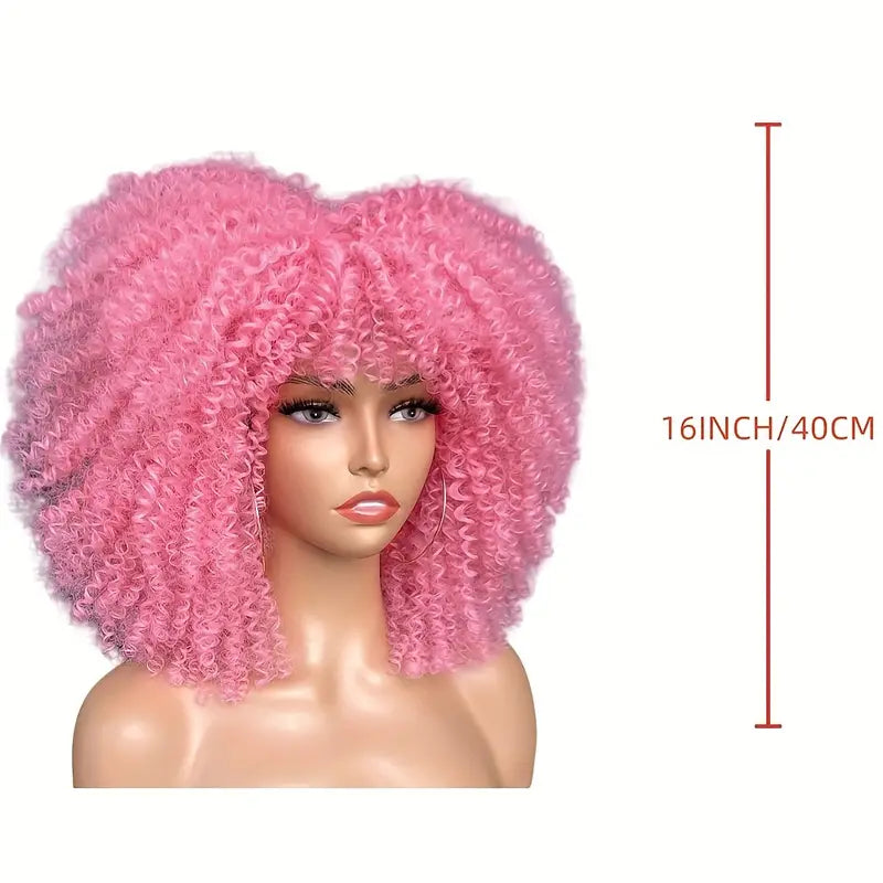 16-Inch Curly Afro Wig with Bangs – Synthetic Fiber