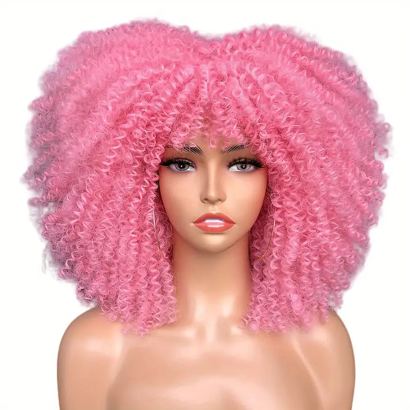 16-Inch Curly Afro Wig with Bangs – Synthetic Fiber