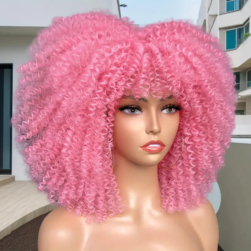 16-Inch Curly Afro Wig with Bangs – Synthetic Fiber