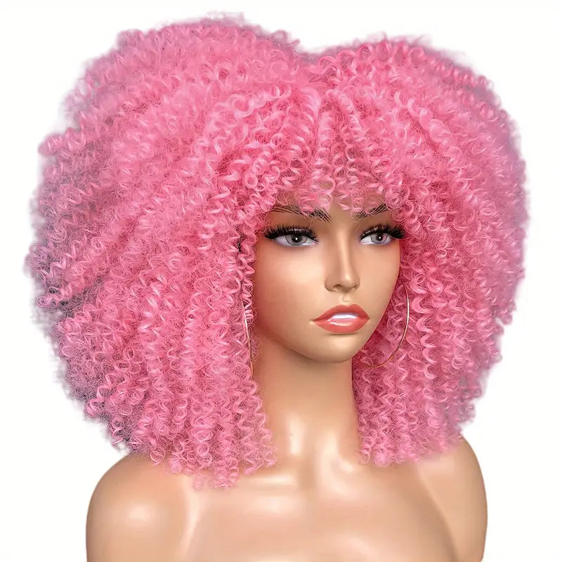 16-Inch Curly Afro Wig with Bangs – Synthetic Fiber