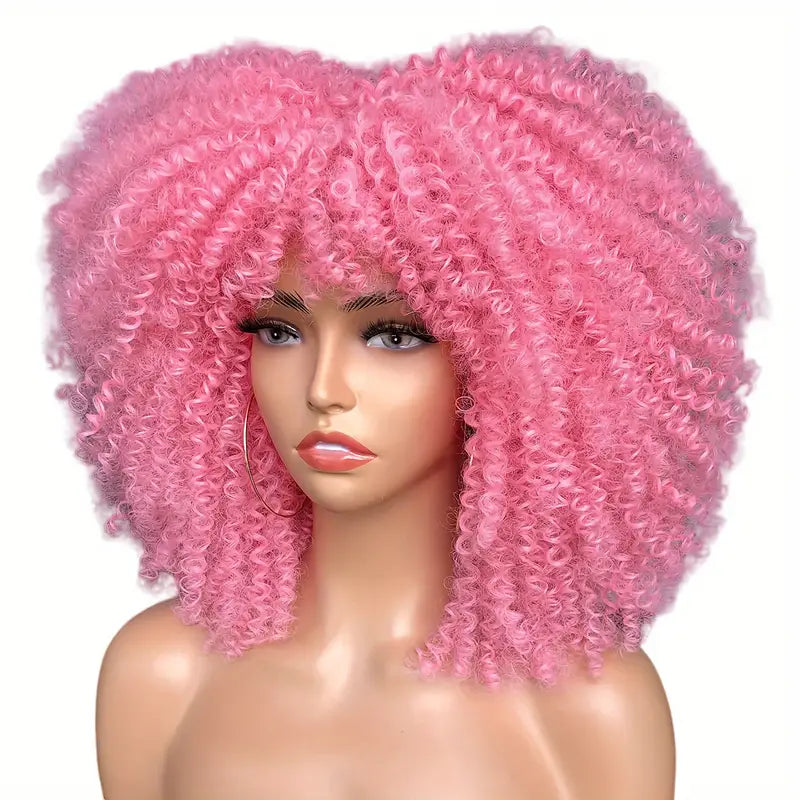 16-Inch Curly Afro Wig with Bangs – Synthetic Fiber