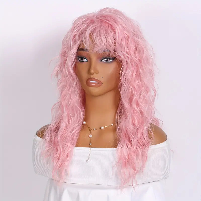 18 Inch Long Curly Wavy Hair Wig with Bangs – Synthetic Fiber, No Lace