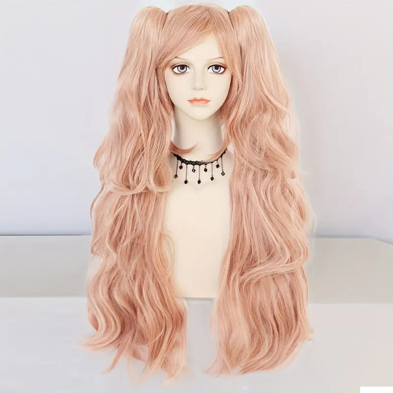 28-Inch Pink Long Wavy Anime Cosplay Wig with Detachable Clips & Dual Ponytails