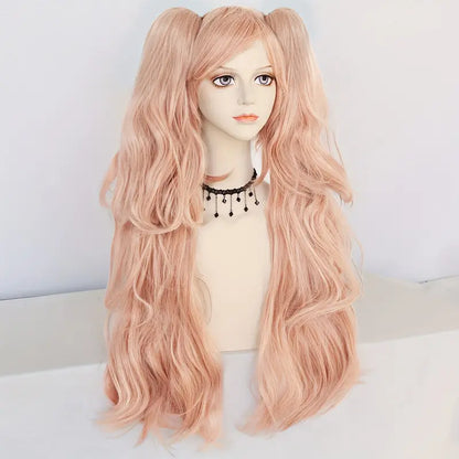 28-Inch Pink Long Wavy Anime Cosplay Wig with Detachable Clips & Dual Ponytails