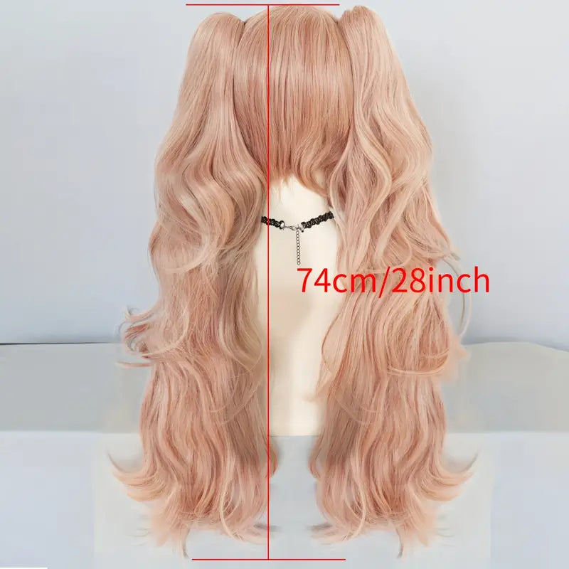 28-Inch Pink Long Wavy Anime Cosplay Wig with Detachable Clips & Dual Ponytails