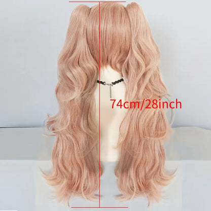 28-Inch Pink Long Wavy Anime Cosplay Wig with Detachable Clips & Dual Ponytails