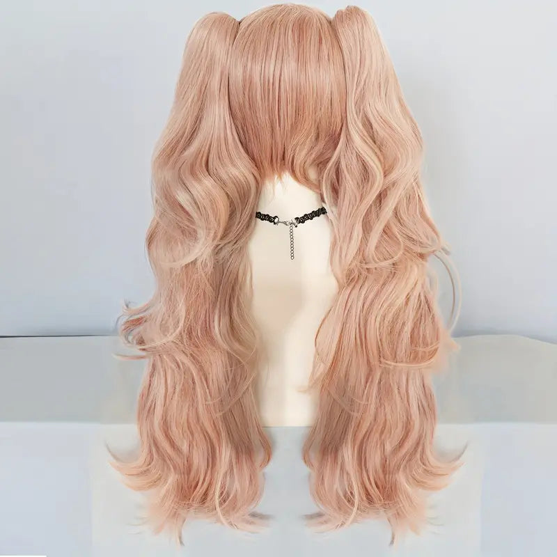 28-Inch Pink Long Wavy Anime Cosplay Wig with Detachable Clips & Dual Ponytails