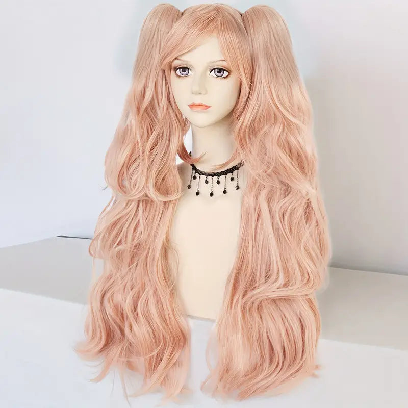 28-Inch Pink Long Wavy Anime Cosplay Wig with Detachable Clips & Dual Ponytails