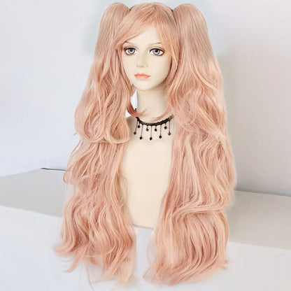 28-Inch Pink Long Wavy Anime Cosplay Wig with Detachable Clips & Dual Ponytails