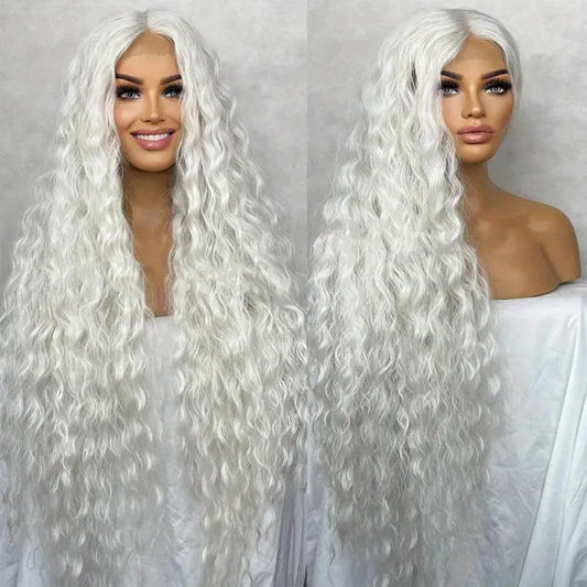 30 Inch Long Wavy Curly Wig, Platinum Blonde - Lace Front, Heat Resistant Synthetic