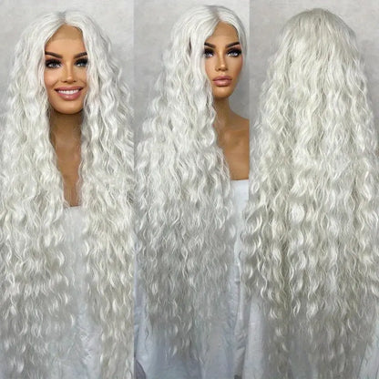 30 Inch Long Wavy Curly Wig, Platinum Blonde - Lace Front, Heat Resistant Synthetic