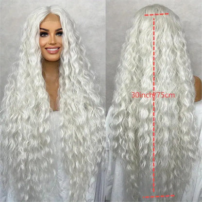 30 Inch Long Wavy Curly Wig, Platinum Blonde - Lace Front, Heat Resistant Synthetic