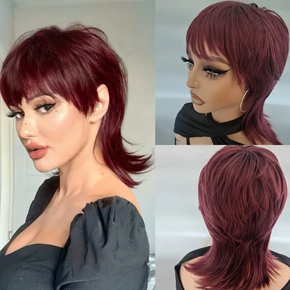 80s Mullet Wig - Layered Short Wavy Wig with Bangs Synthetic