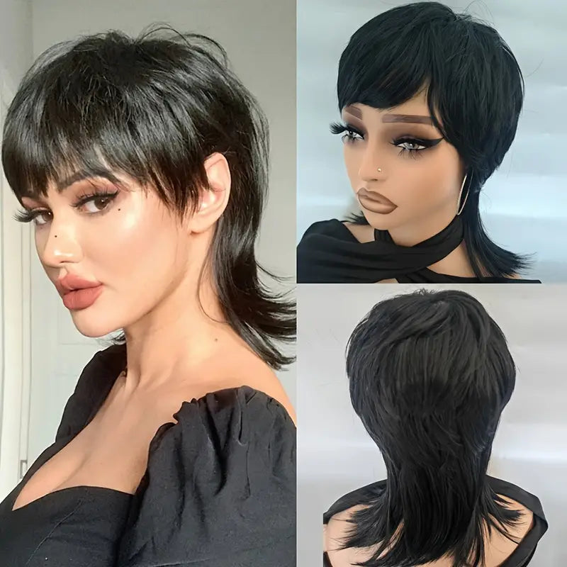 80s Mullet Wig - Layered Short Wavy Wig with Bangs Synthetic