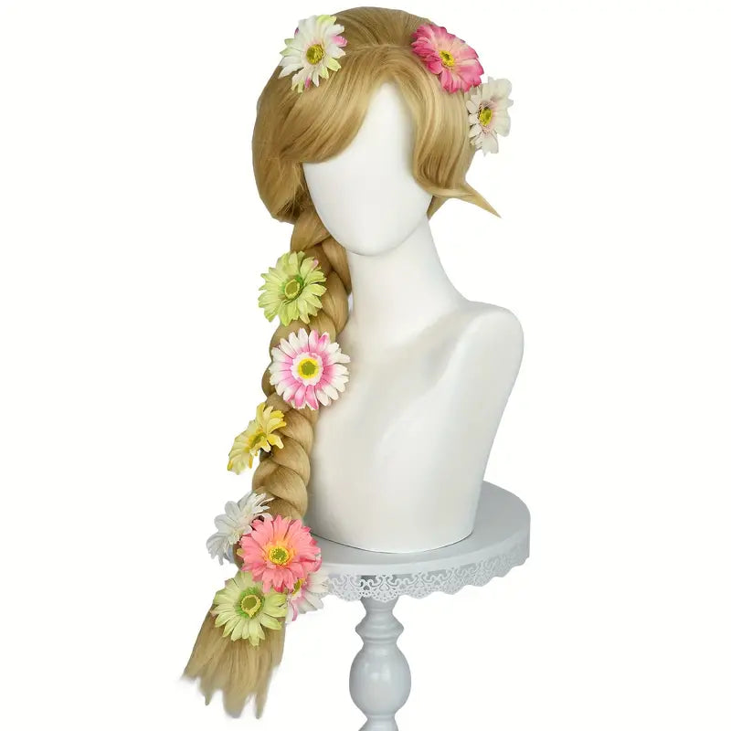 Anime Princess Braided Wig with Flowers - Heat Resistant Wavy Synthetic Hair