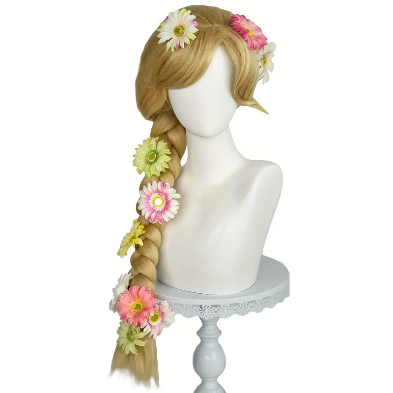 Anime Princess Braided Wig with Flowers - Heat Resistant Wavy Synthetic Hair