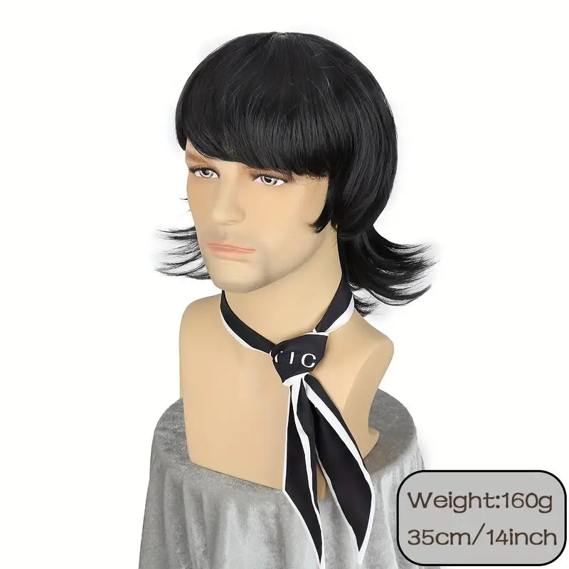 Black Shoulder-Length Wig with Bangs - Heat-Resistant Synthetic Fiber