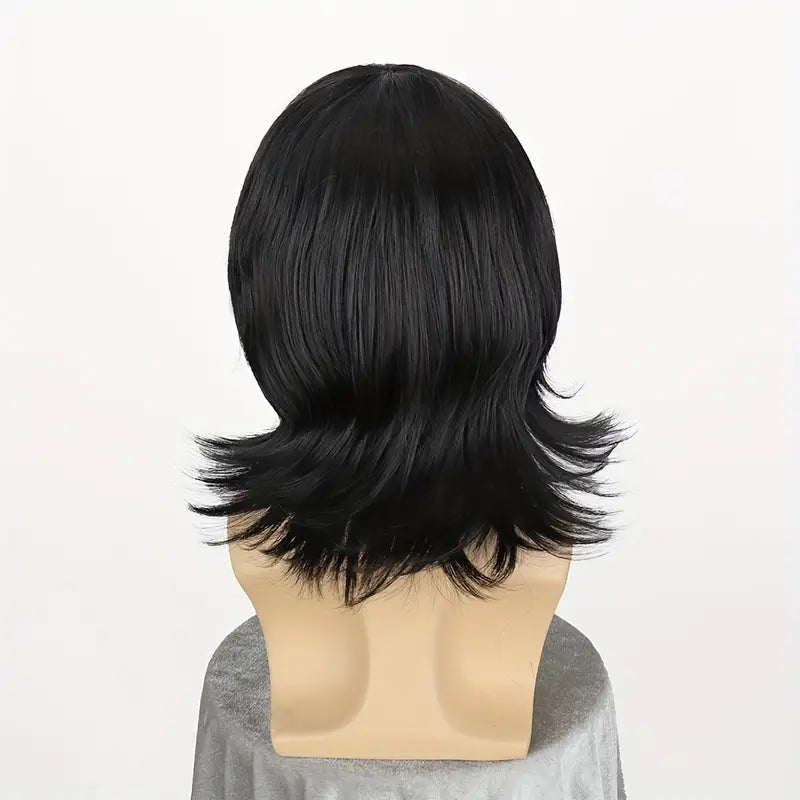 Black Shoulder-Length Wig with Bangs - Heat-Resistant Synthetic Fiber