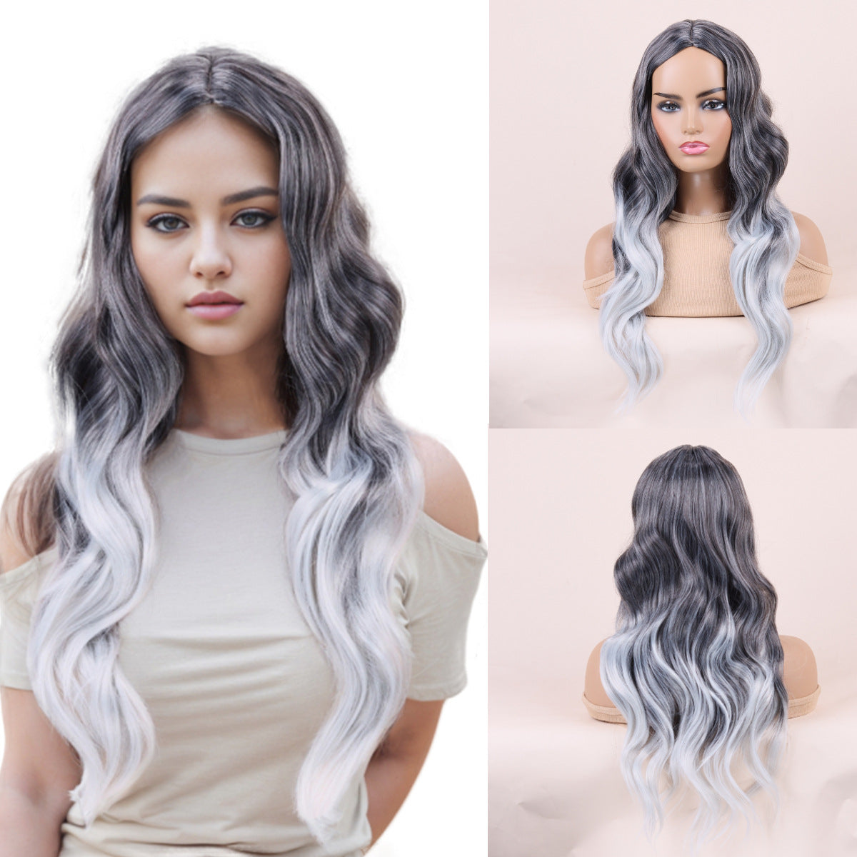 Black-to-Gray Gradient Long Wavy Wig