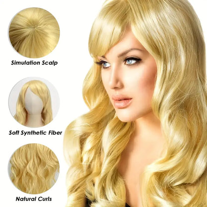 Blonde Wig with Headband, Bangs, and Wavy Synthetic Hair