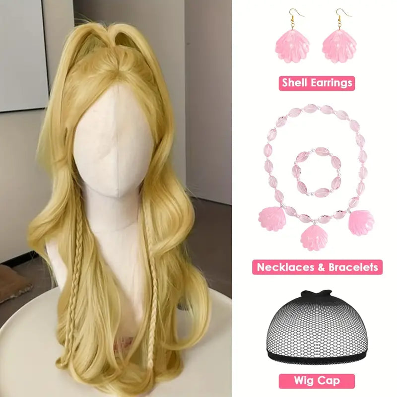 Blonde Wig with Headband, Bangs, and Wavy Synthetic Hair