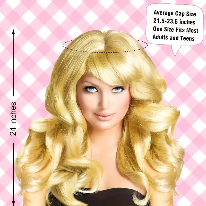 Blonde Wig with Headband, Bangs, and Wavy Synthetic Hair