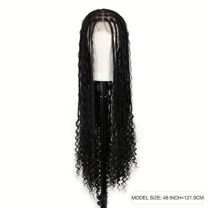 Braided Wigs for Women - Box Braids with Boho Curls, 48" Black Full Lace Wig