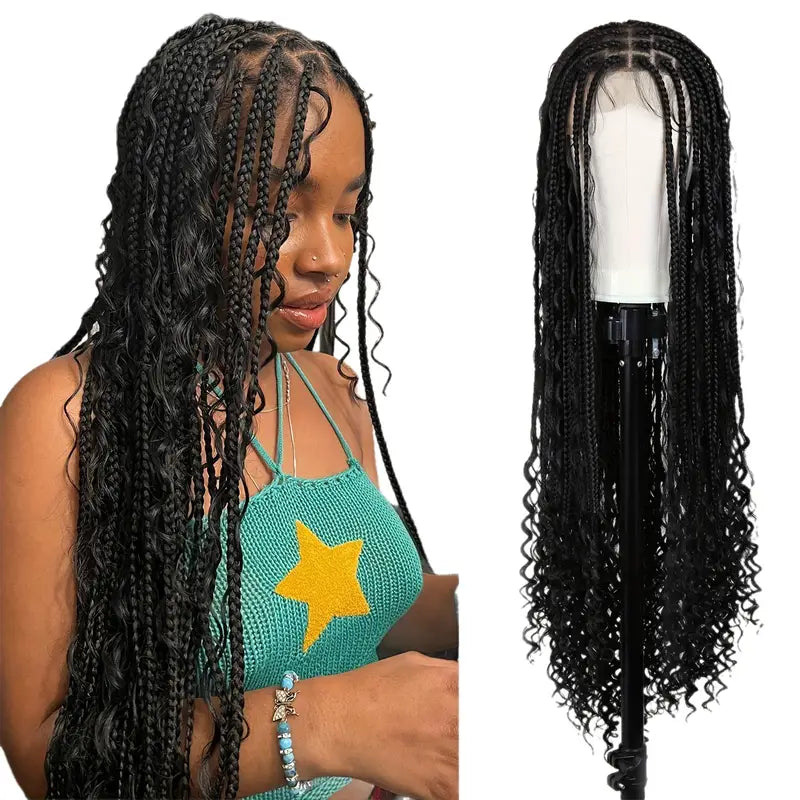 Braided Wigs for Women - Box Braids with Boho Curls, 48" Black Full Lace Wig