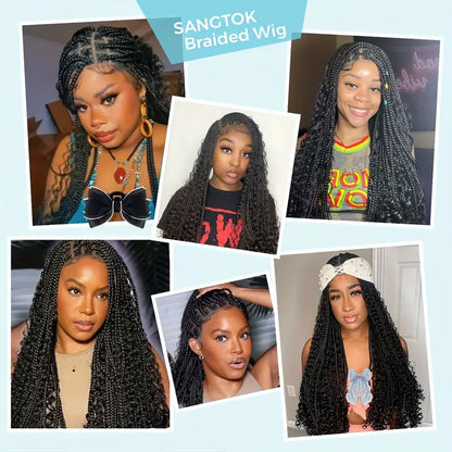 Braided Wigs for Women - Box Braids with Boho Curls, 48" Black Full Lace Wig