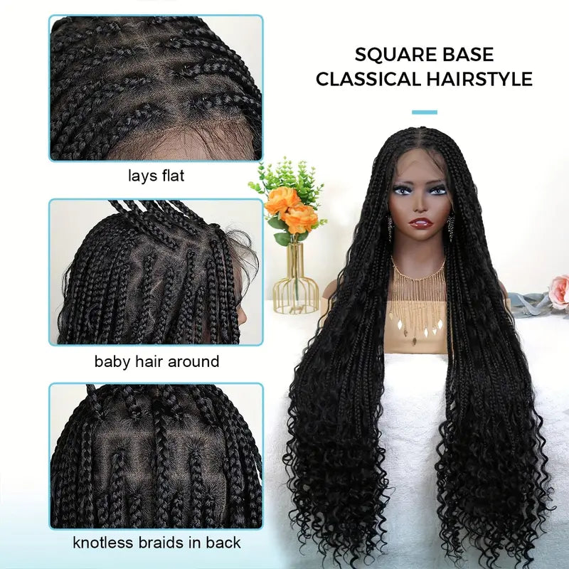 Braided Wigs for Women - Box Braids with Boho Curls, 48" Black Full Lace Wig