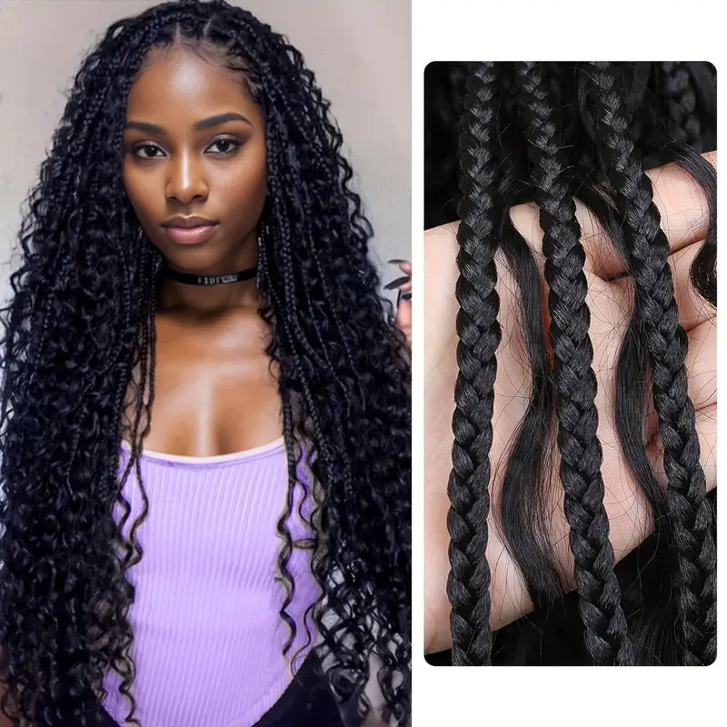 Braided Wigs for Women - Box Braids with Boho Curls, 48" Black Full Lace Wig