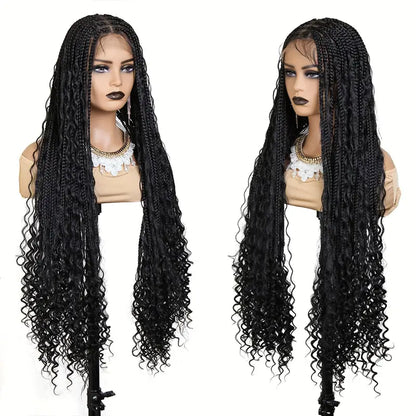 Braided Wigs for Women - Box Braids with Boho Curls, 48" Black Full Lace Wig