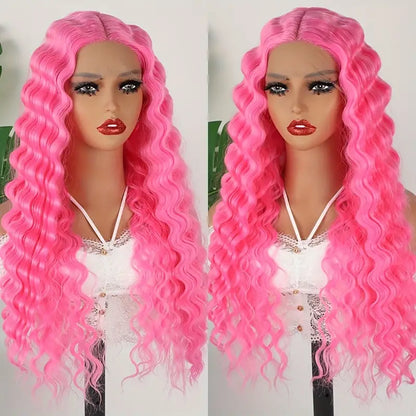 Bright Pink Deep Wave Synthetic Lace Front Wig for Women