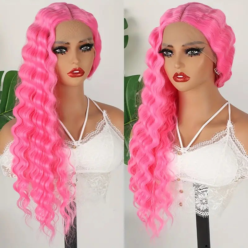 Bright Pink Deep Wave Synthetic Lace Front Wig for Women