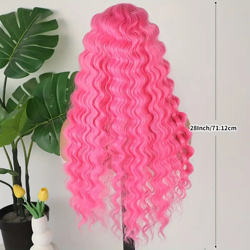 Bright Pink Deep Wave Synthetic Lace Front Wig for Women