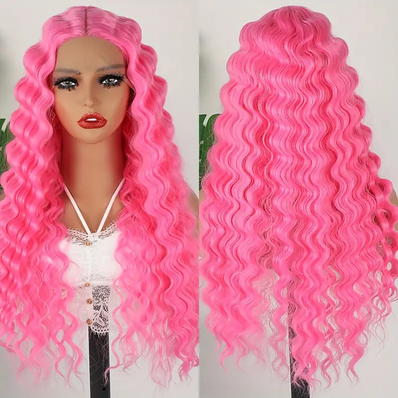 Bright Pink Deep Wave Synthetic Lace Front Wig for Women