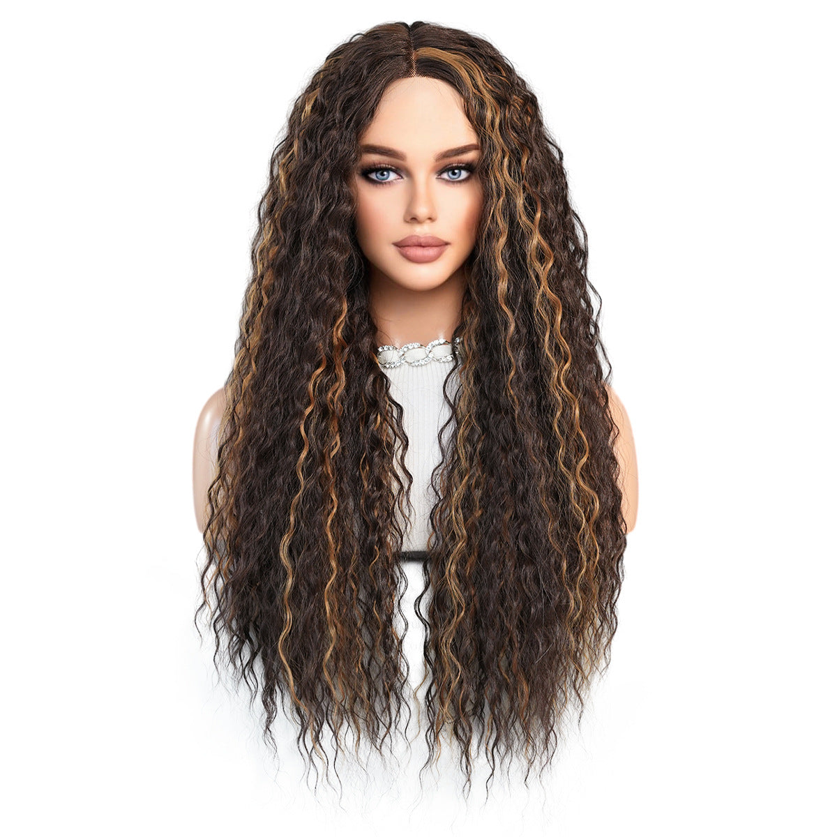 Brown Highlighted Mid-Length Wavy Synthetic Wig