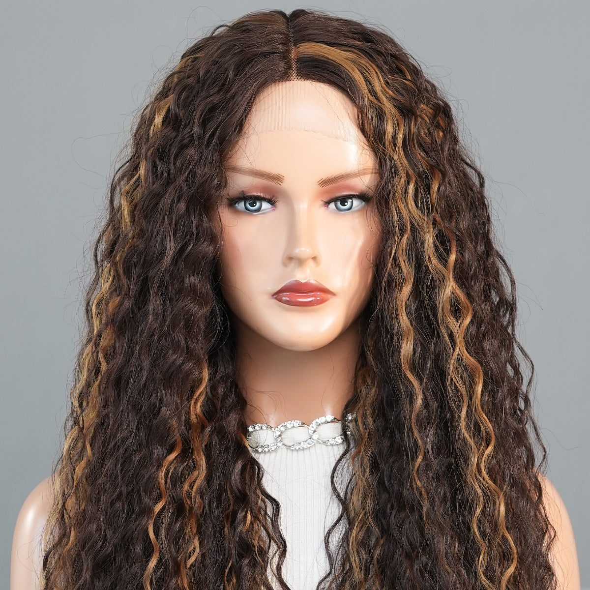 Brown Highlighted Mid-Length Wavy Synthetic Wig