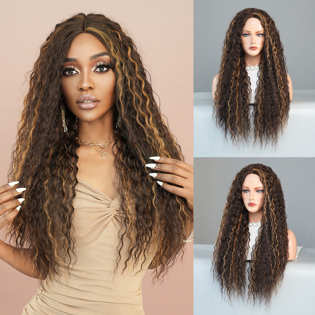 Brown Highlighted Mid-Length Wavy Synthetic Wig