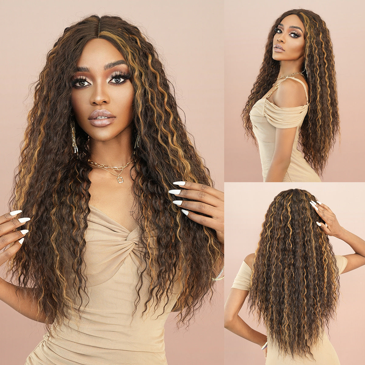 Brown Highlighted Mid-Length Wavy Synthetic Wig