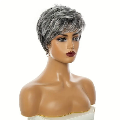 Chic Grandma Gray Pixie Cut Wig with Fluffy Bangs