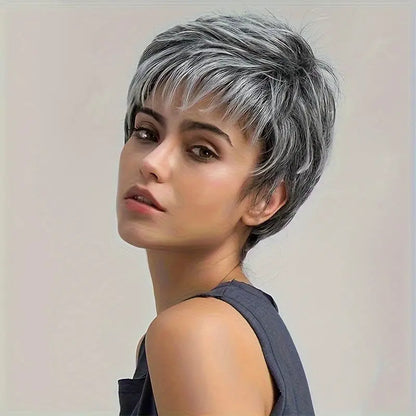 Chic Grandma Gray Pixie Cut Wig with Fluffy Bangs