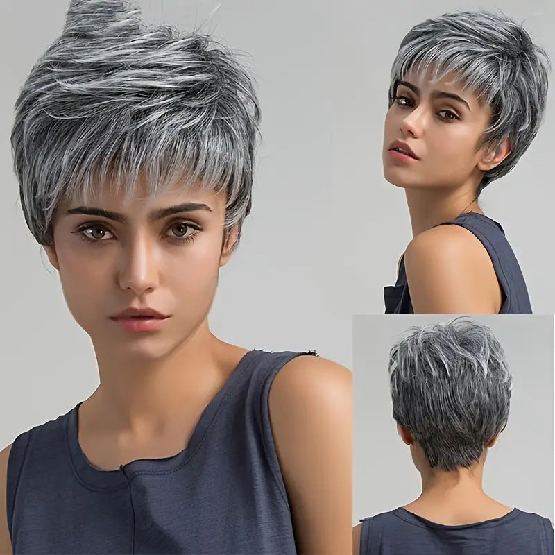 Chic Grandma Gray Pixie Cut Wig with Fluffy Bangs