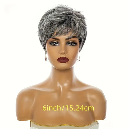 Chic Grandma Gray Pixie Cut Wig with Fluffy Bangs