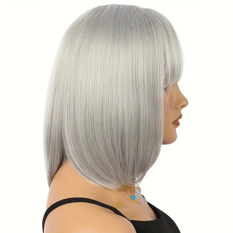 Chic Granny Gray Bob Wig with Bangs - Heat Resistant & Adjustable