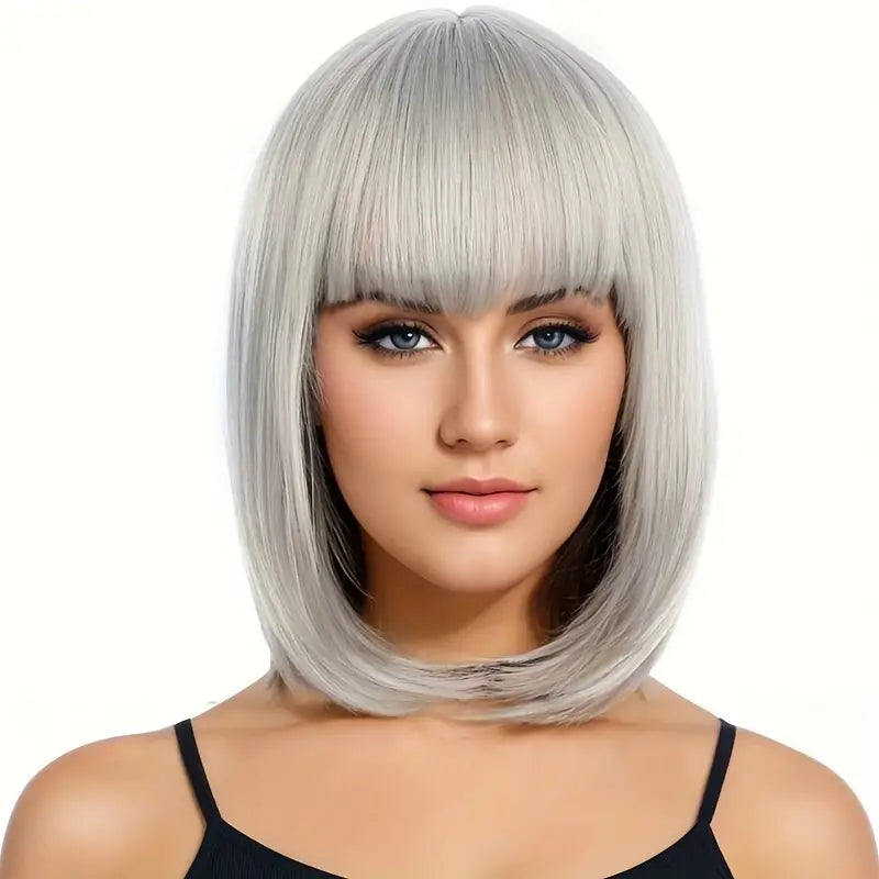 Chic Granny Gray Bob Wig with Bangs - Heat Resistant & Adjustable