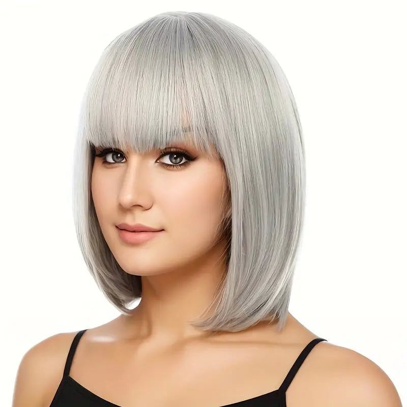 Chic Granny Gray Bob Wig with Bangs - Heat Resistant & Adjustable