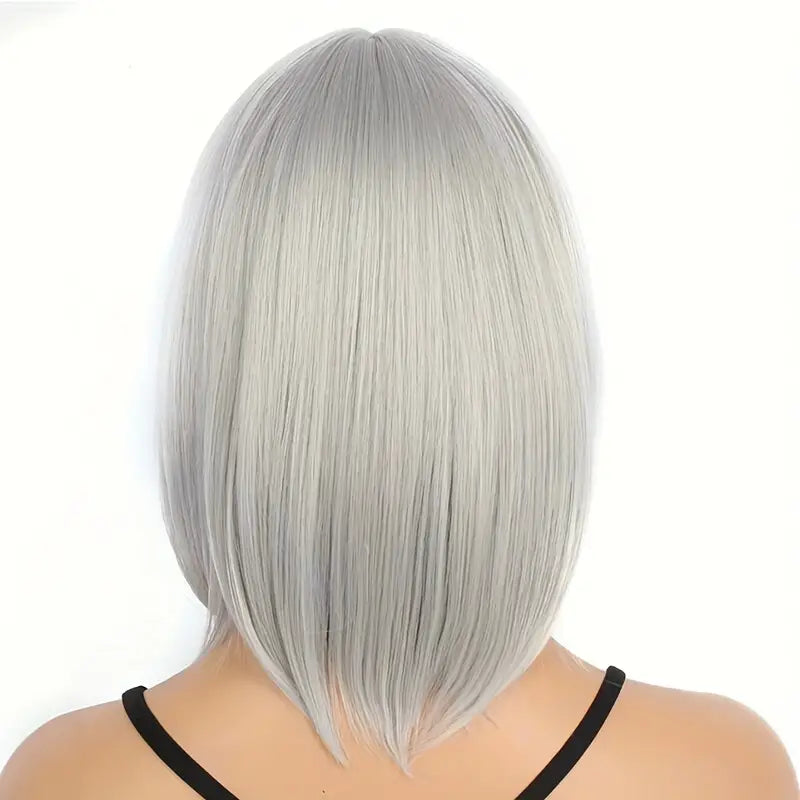 Chic Granny Gray Bob Wig with Bangs - Heat Resistant & Adjustable