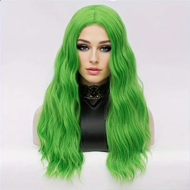 Chic Long Curly Wavy Synthetic Wig - Heat Resistant, Green Net Cap