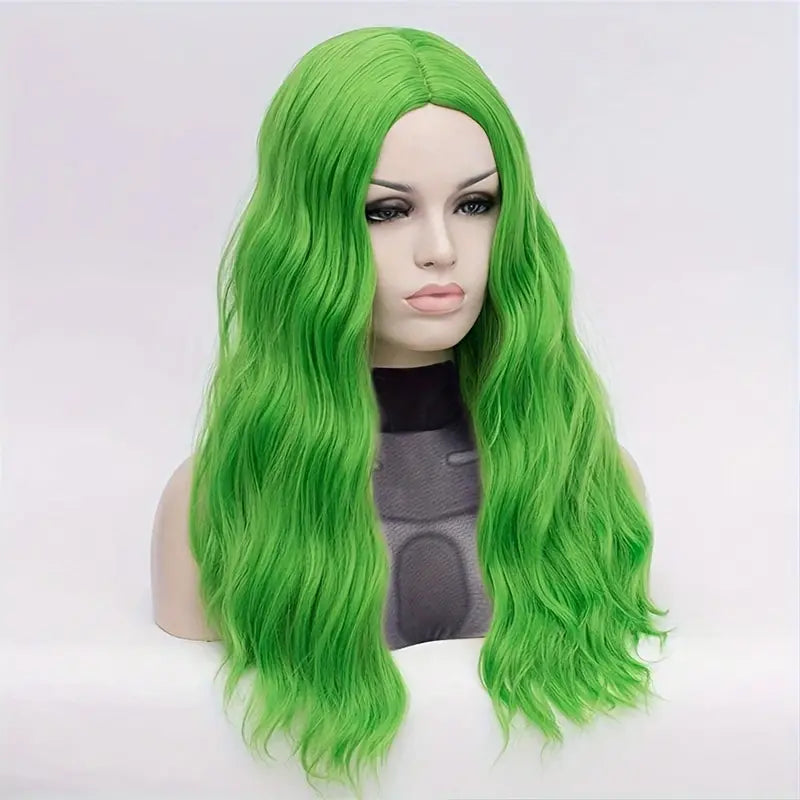 Chic Long Curly Wavy Synthetic Wig - Heat Resistant, Green Net Cap